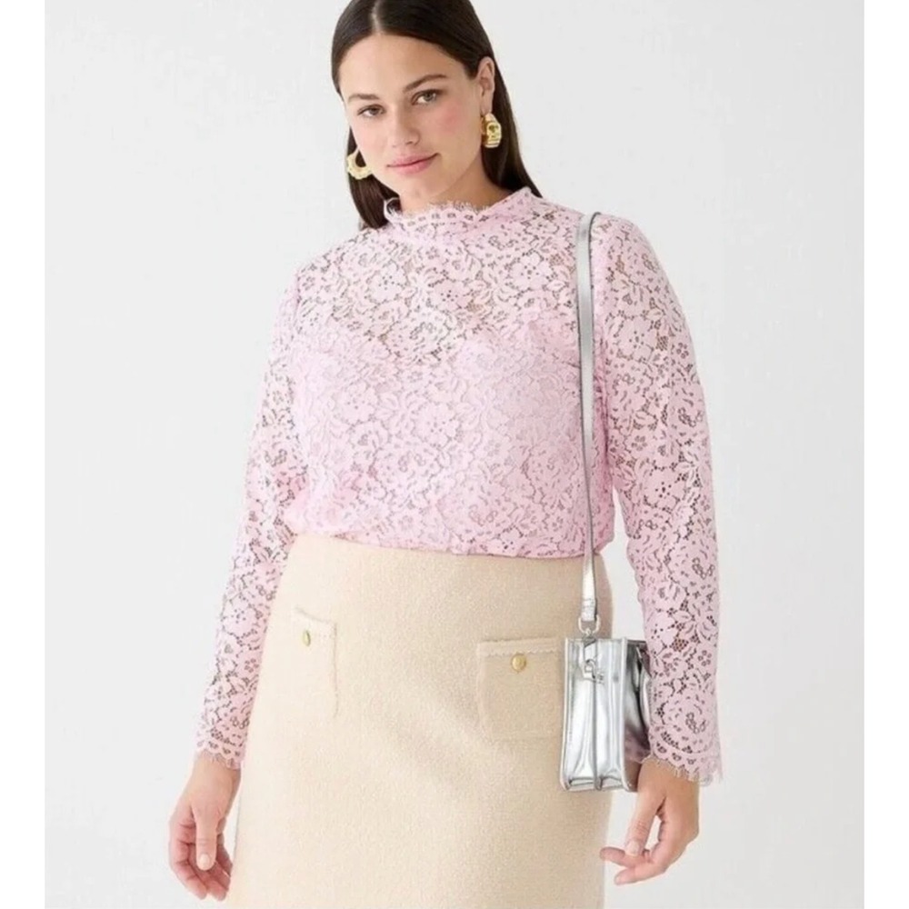 NEW J. Crew Pink Scalloped Lace Mock Neck Top Size 8 Pink Coquette Victorian